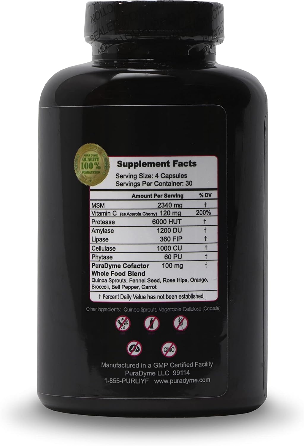 180 Capsules of PuraDyme MSM with Cofactor Whole Food Blend