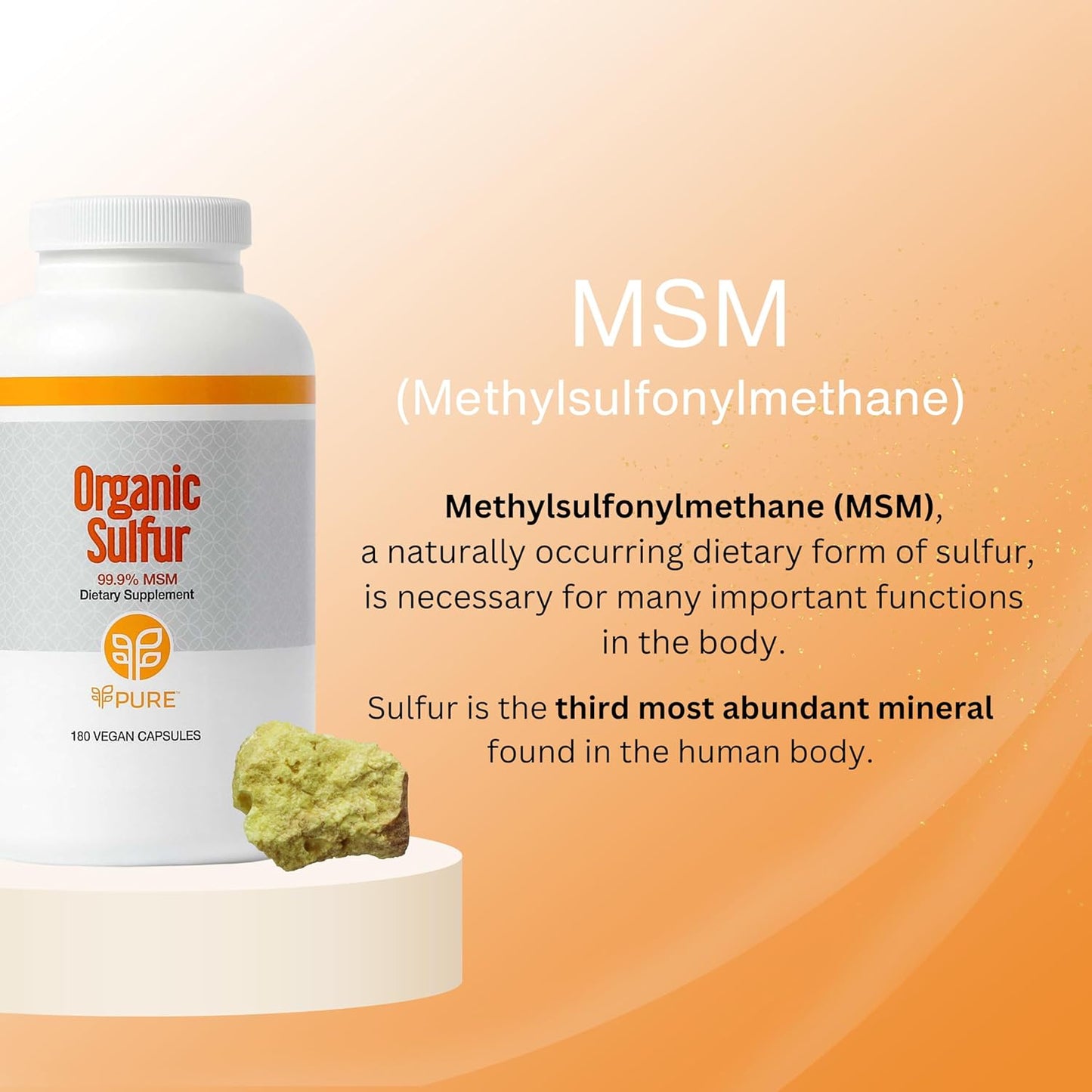 180 Capsules of PURE Organic Sulfur MSM Powder for Joint Health, Hair Growth, Skin, and Nails - Vegan, Non-GMO, Gluten Free