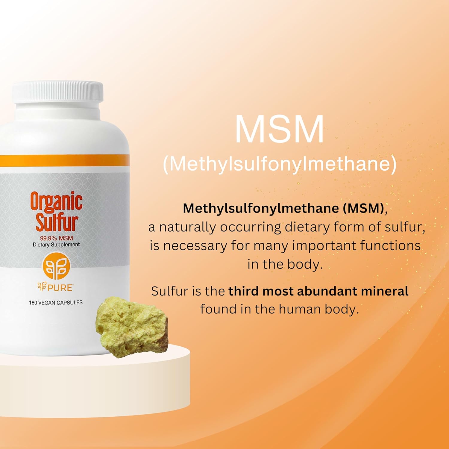 180 Capsules of PURE Organic Sulfur MSM Powder for Joint Health, Hair Growth, Skin, and Nails - Vegan, Non-GMO, Gluten Free