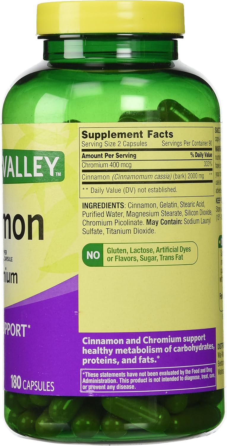 180 Capsules of Spring Valley Cinnamon 1000mg with Chromium for Support