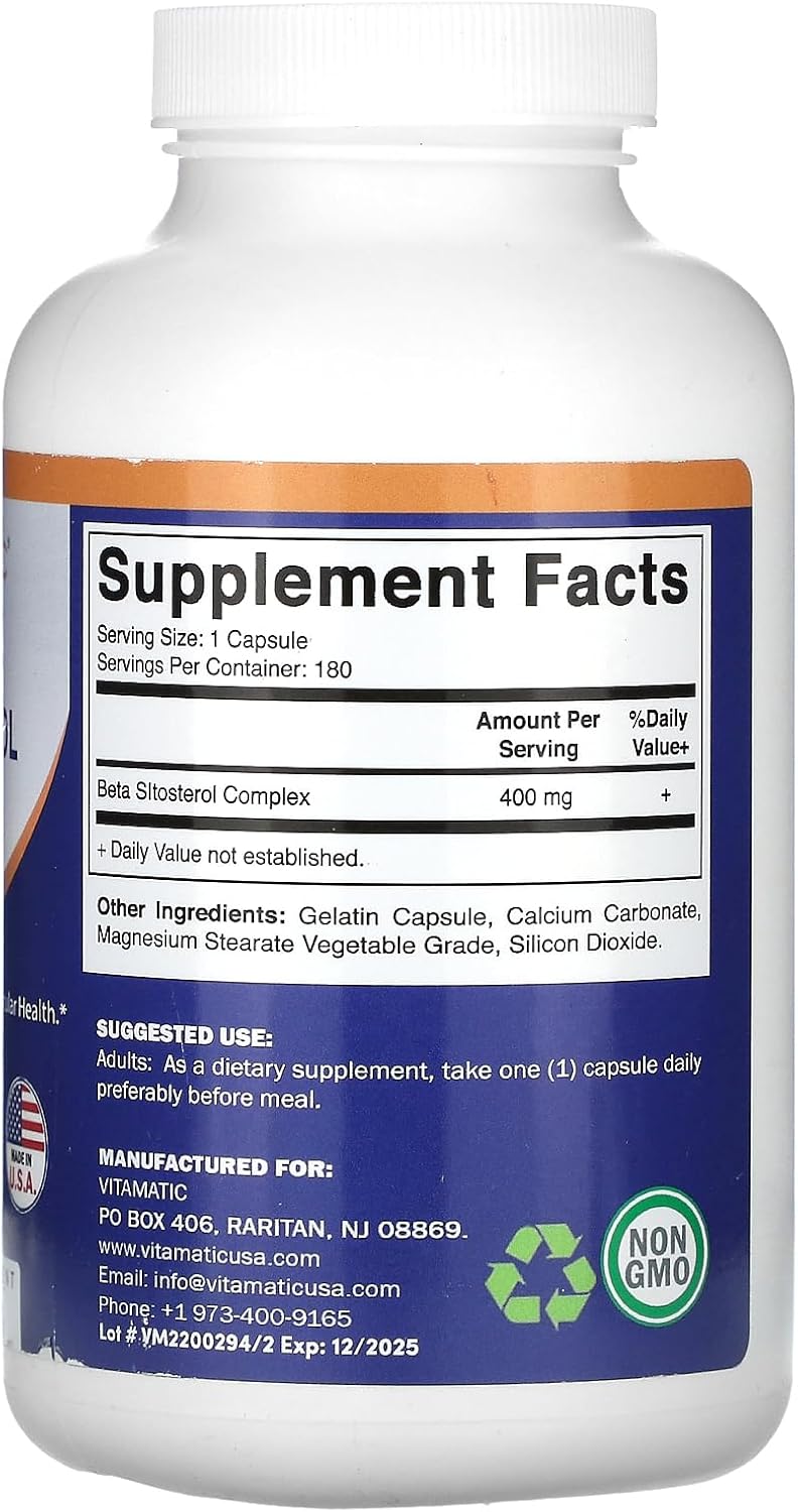 180 Capsules of Vitamatic Beta Sitosterol 400 mg Supplement for Prostate Health and Cholesterol Support