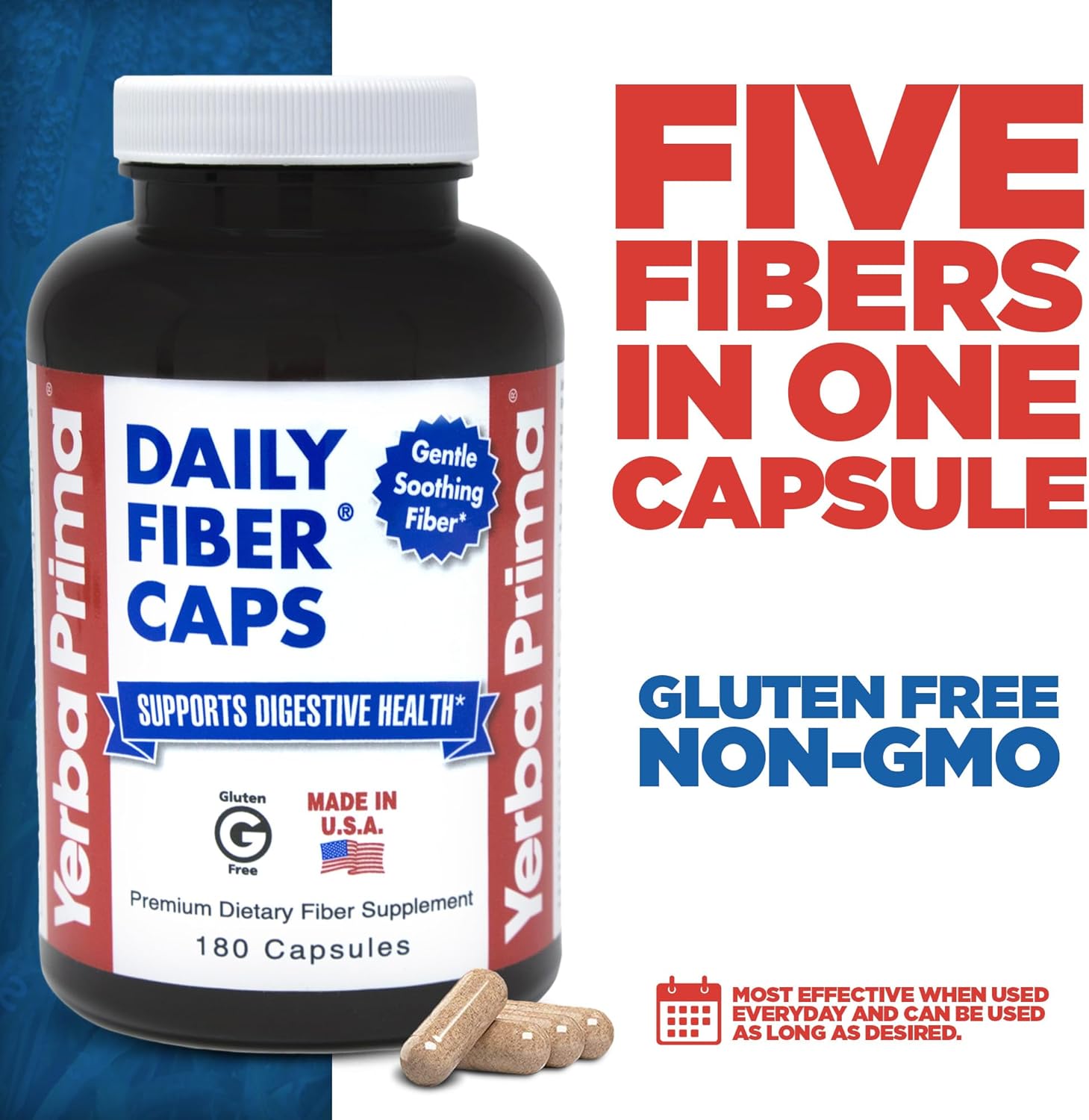 180 Capsules of Yerba Prima Daily Fiber Formula - Pack of 2 - Soluble & Insoluble Fiber Supplement for Colon Cleanse and Gut Health - Vegan, Non-GMO, Gluten-Free