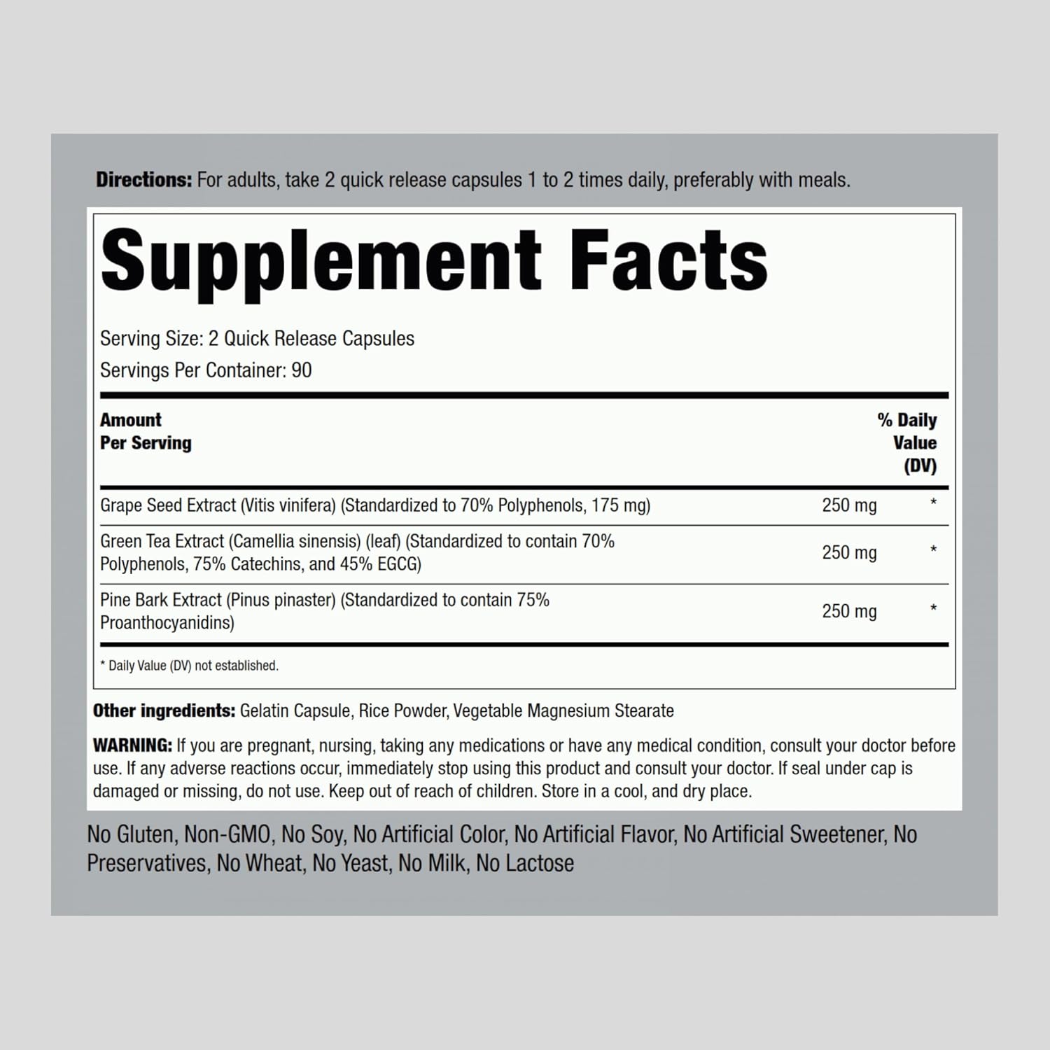 180 Capsules Piping Rock Grape Seed, Green Tea & Pine Bark Complex - Standardized Extract, Non GMO, Gluten Free Supplement