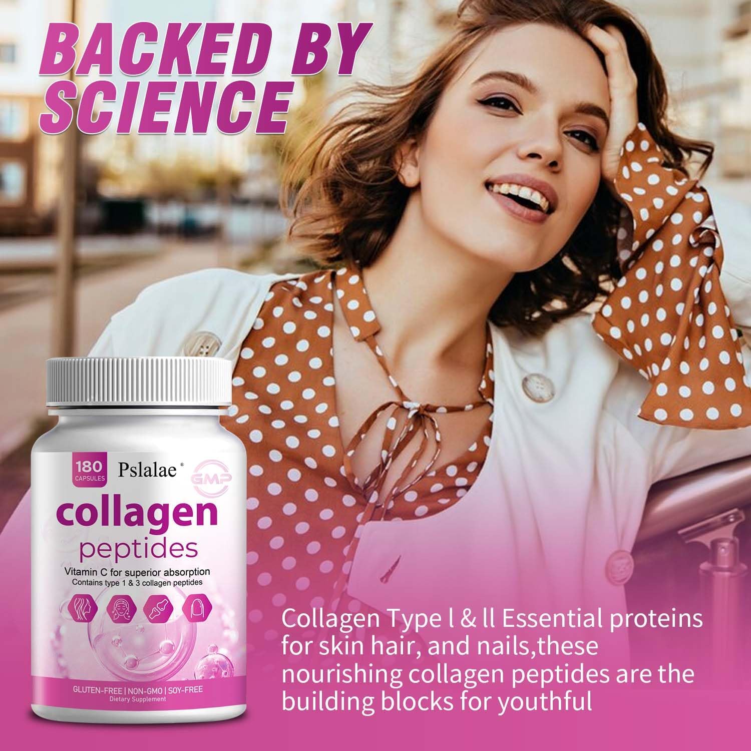 180 Capsules Pslalae Collagen Supplement with Vitamin C & E, Collagen Peptides for Skin Support, Non-GMO & Sugar Free