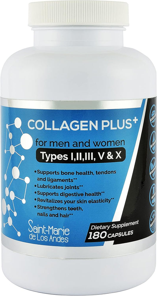 180 Capsules Saint-Marie de los Andes Multi Collagen Pills Plus - Types I, II, III, V & X + Absorption Enhancer - Non-GMO, Supports Hair, Skin, Nails, Joints, & Gut Health - 3 Months Supply