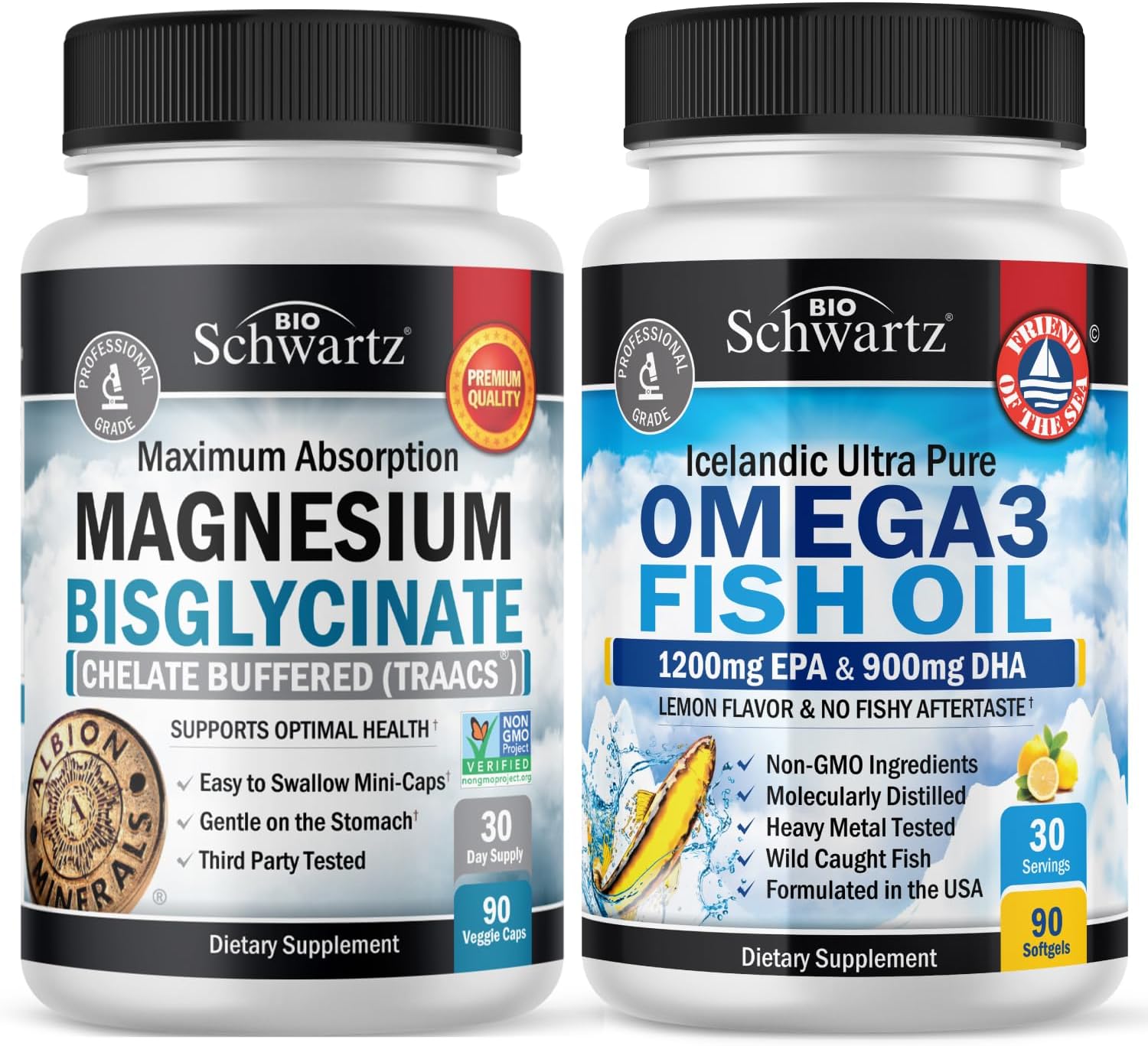 180 Count BioSchwartz Magnesium Bisglycinate + 90 Count Omega 3 Fish Oil Bundle