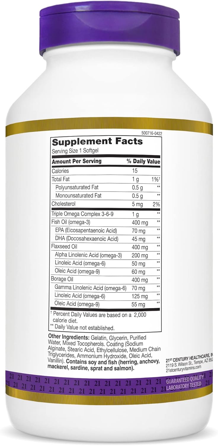 180 Count Bottle of 21st Century Triple Omega Complex 3 6 9 Softgels with Enteric Coating