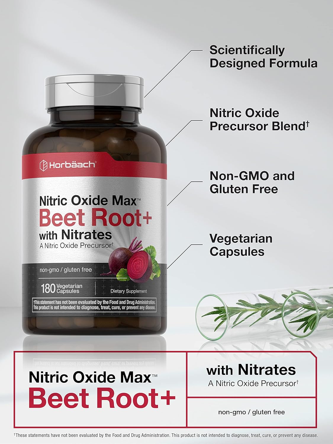 180 Count Horbäach Nitric Oxide Beet Root Capsules with Nitrates for Men and Women - Vegetarian, Non-GMO, Gluten Free Supplement