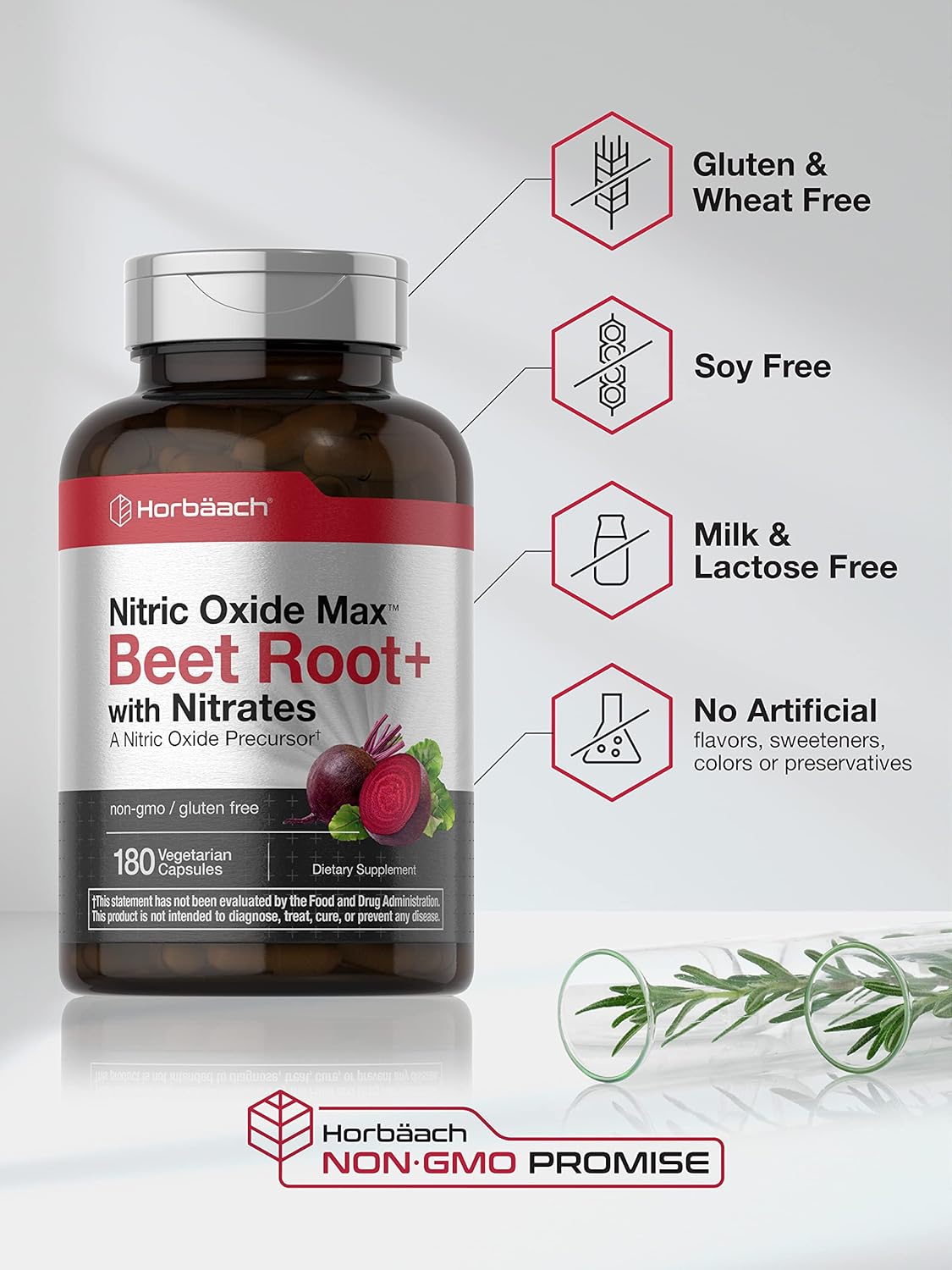180 Count Horbäach Nitric Oxide Beet Root Capsules with Nitrates for Men and Women - Vegetarian, Non-GMO, Gluten Free Supplement