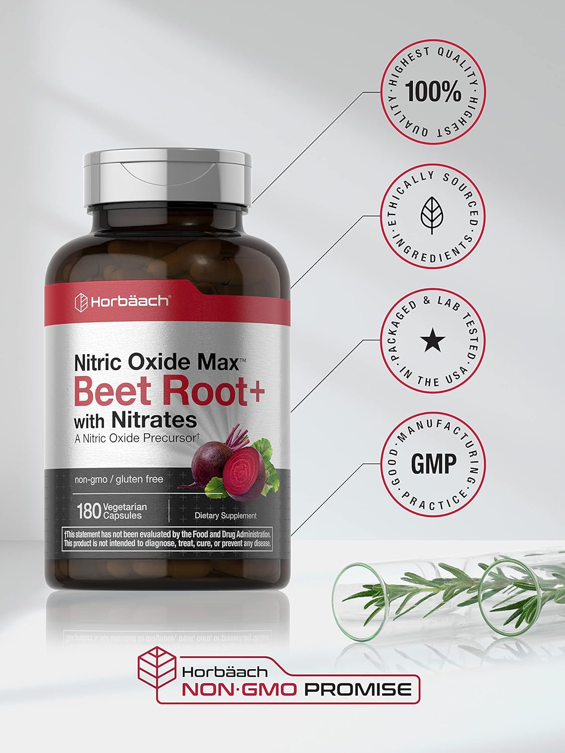 180 Count Horbäach Nitric Oxide Beet Root Capsules with Nitrates for Men and Women - Vegetarian, Non-GMO, Gluten Free Supplement