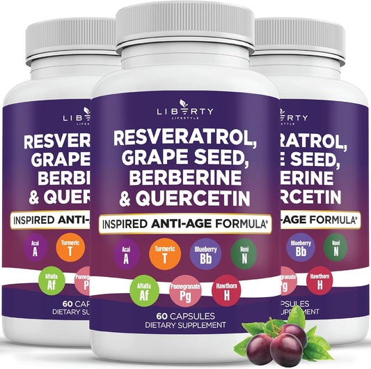 180 Count Liberty Lifestyle Resveratrol, Berberine, Grape Seed Extract, Quercetin, Polyphenol Supplement with Noni Extract, N-Acetyl Cysteine, Acai Extract for Women and Men