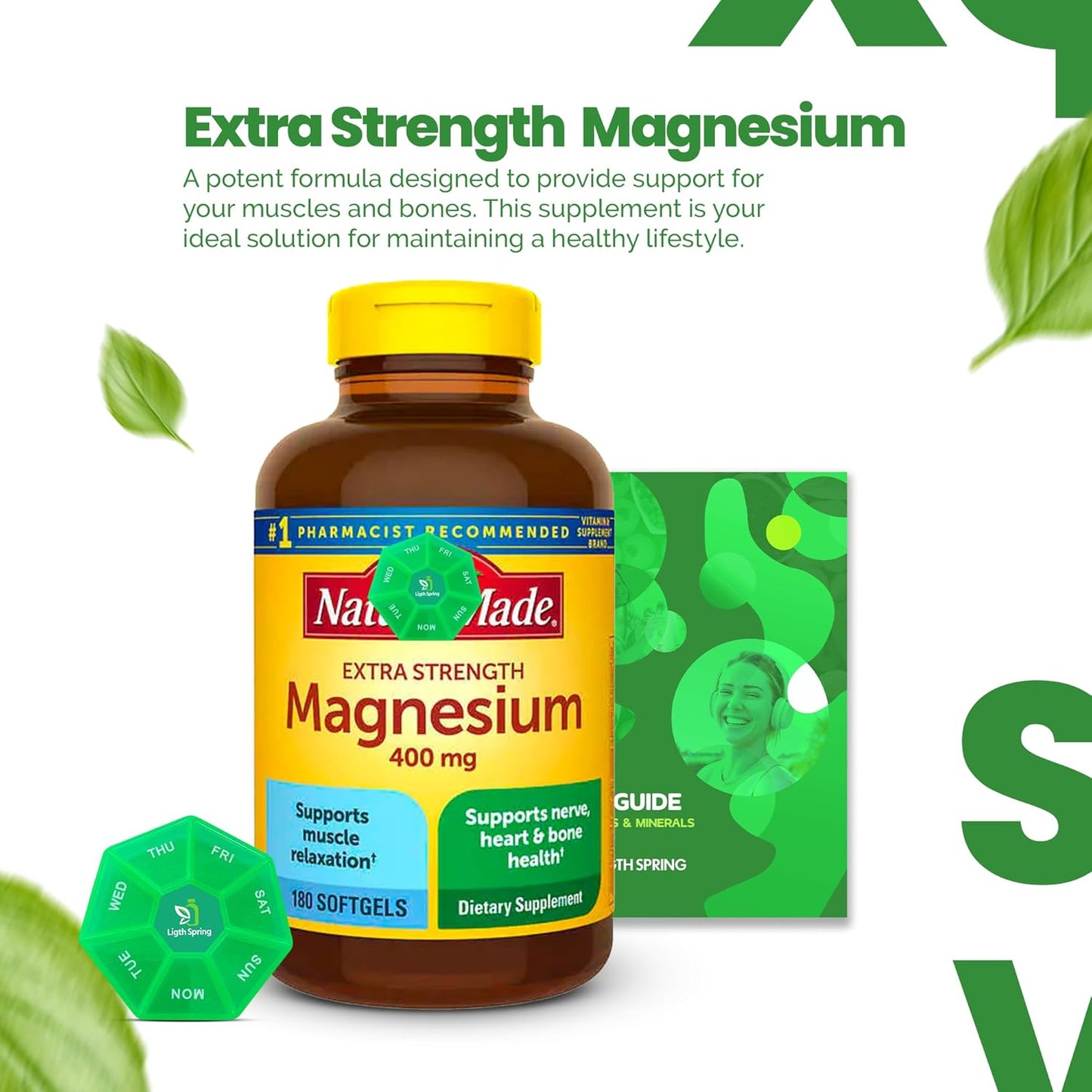 180 Count LightSpring Magnesium 400mg Bundle with Exclusive A to Z Vitamins & Minerals, Better Ligth&Spring Guide + Weekly Pill Organizer (3 Items)