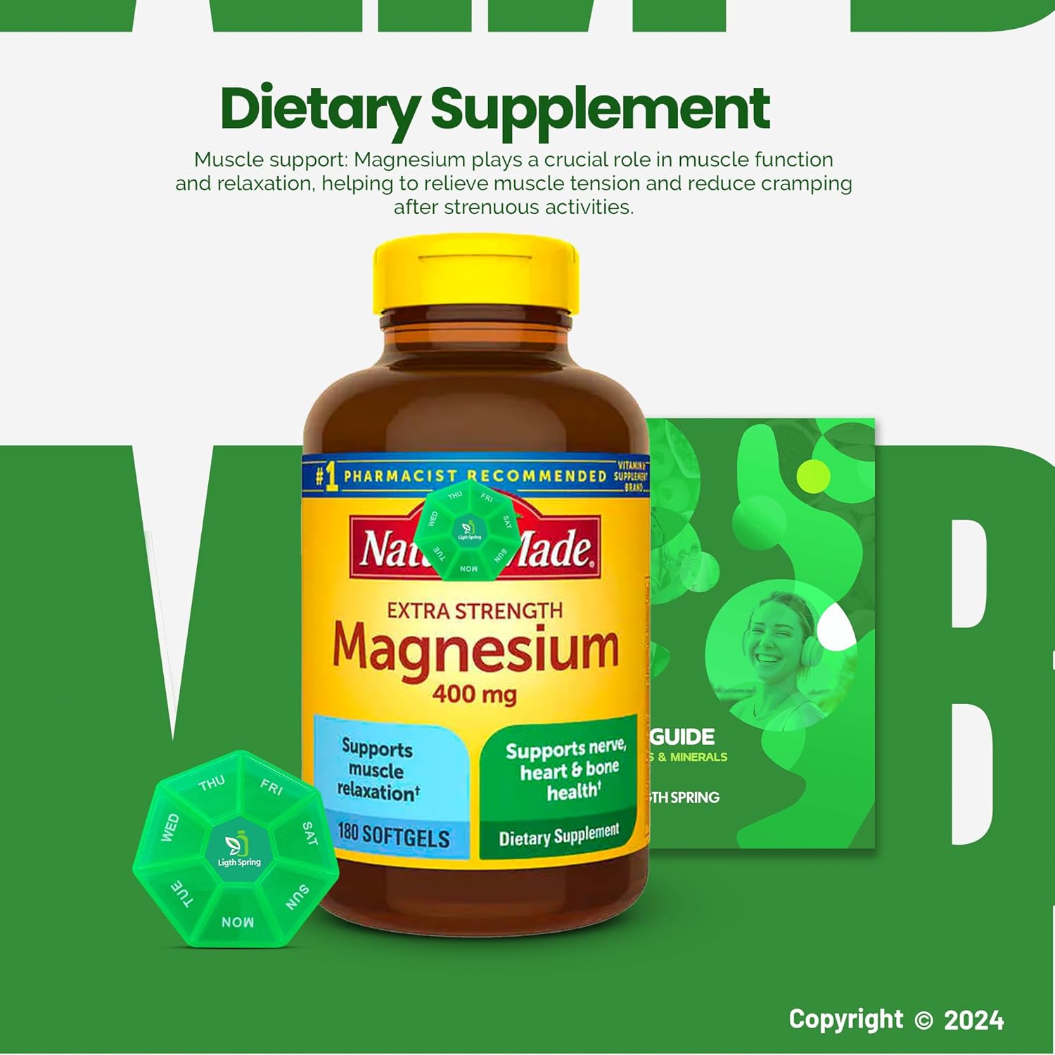 180 Count LightSpring Magnesium 400mg Bundle with Exclusive A to Z Vitamins & Minerals, Better Ligth&Spring Guide + Weekly Pill Organizer (3 Items)