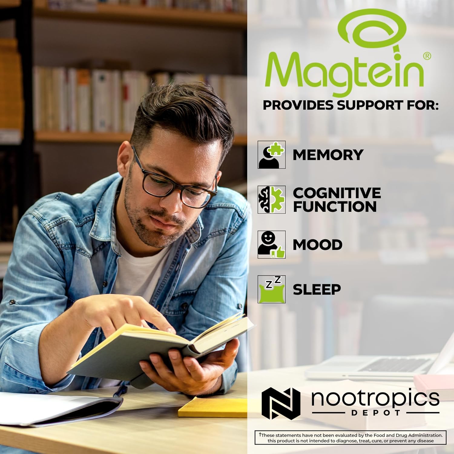 180-Count Nootropics Depot Magtein Magnesium L-Threonate Capsules - Natural Mineral Supplement for Energy and Cognitive Function Boost
