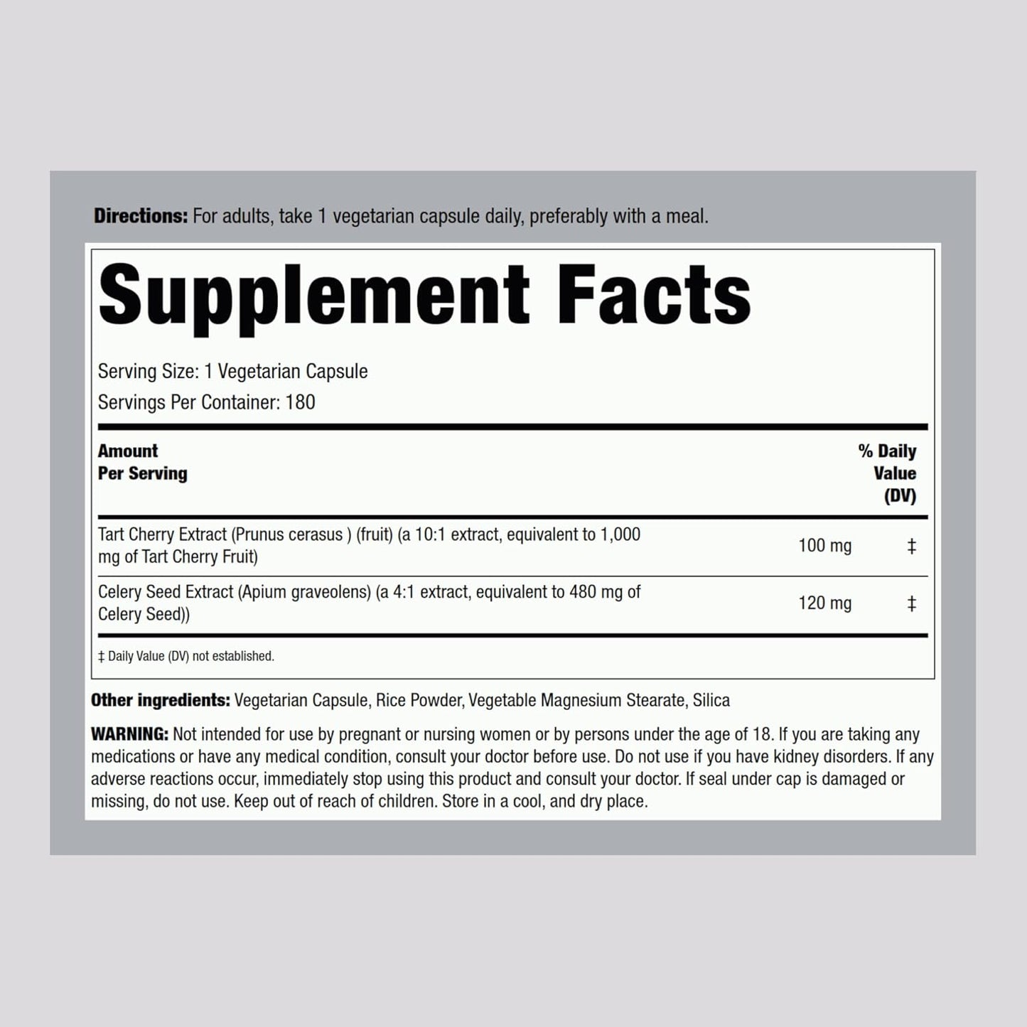 180 Count Piping Rock Tart Cherry & Celery Seed Capsules - Concentrated Extract - Vegetarian, Non-GMO, Gluten Free