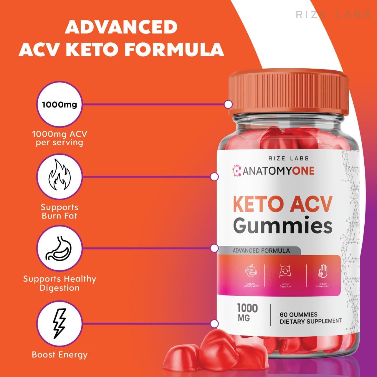 180 Count Rize Labs AnatomyOne Keto ACV Gummies for Advanced Weight Loss with Apple Cider Vinegar - Extra Strength Gummy Supplement for Belly Fat