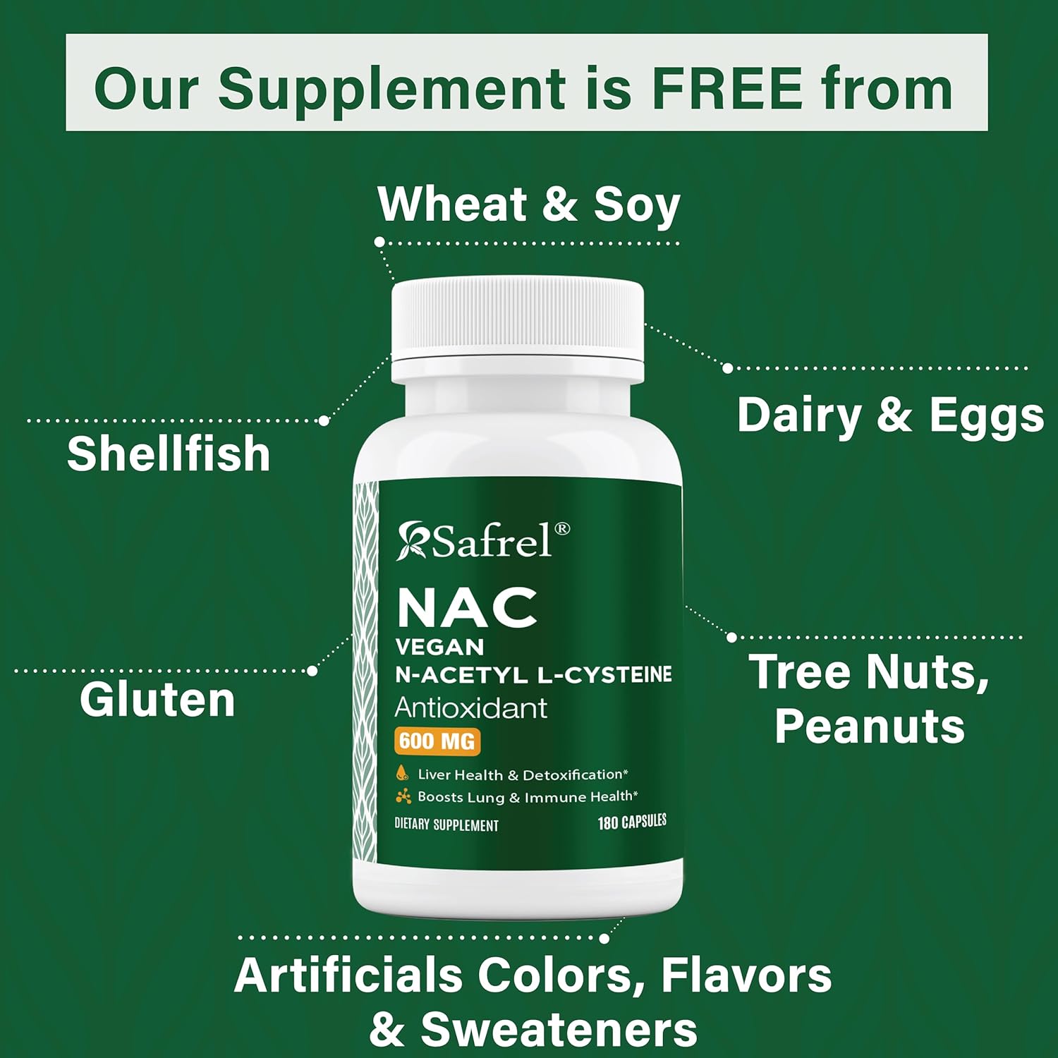 180 Count Safrel N-Acetyl-L-Cysteine (NAC) Capsules - 600mg Antioxidant Support for Respiratory, Immune, and Liver Health - Non-GMO & Gluten Free - Easy Absorption