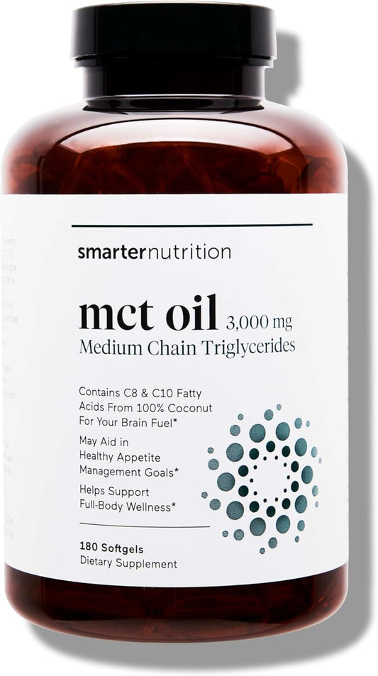 180 Count Smarter Nutrition MCT Oil Capsules C8 and C10 - Ketogenic Brain & Body Fuel - Sustained Energy - Cold-Pressed Coconut - Palm & Gluten-Free - Non-GMO - 60-Day Supply
