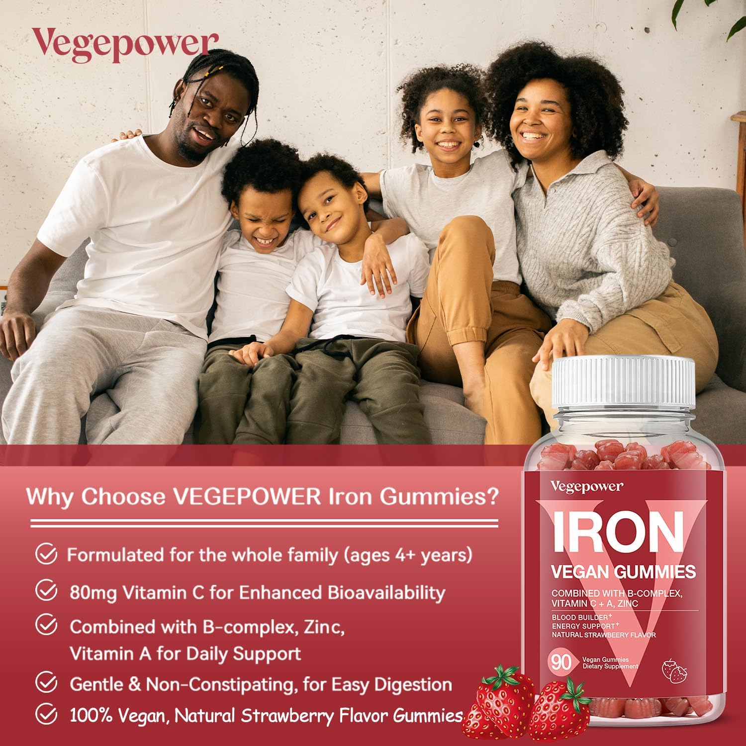 180 Count Strawberry Iron Gummies with Vitamin C for Women & Kids - Vegan Multivitamin Supplement for Blood Oxygen - High Absorption Iron Chewable