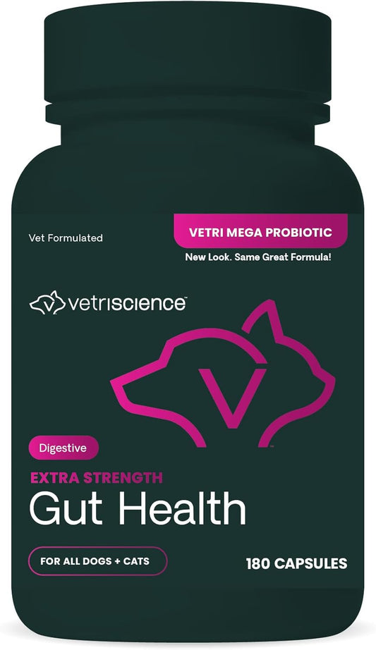 180 Count VetriScience Extra Strength Gut Health Capsules for Dogs & Cats - Probiotic & Prebiotic Digestive Supplement - Supports Digestion, Immune System, Gas & Diarrhea - 7.5 Billion CFU