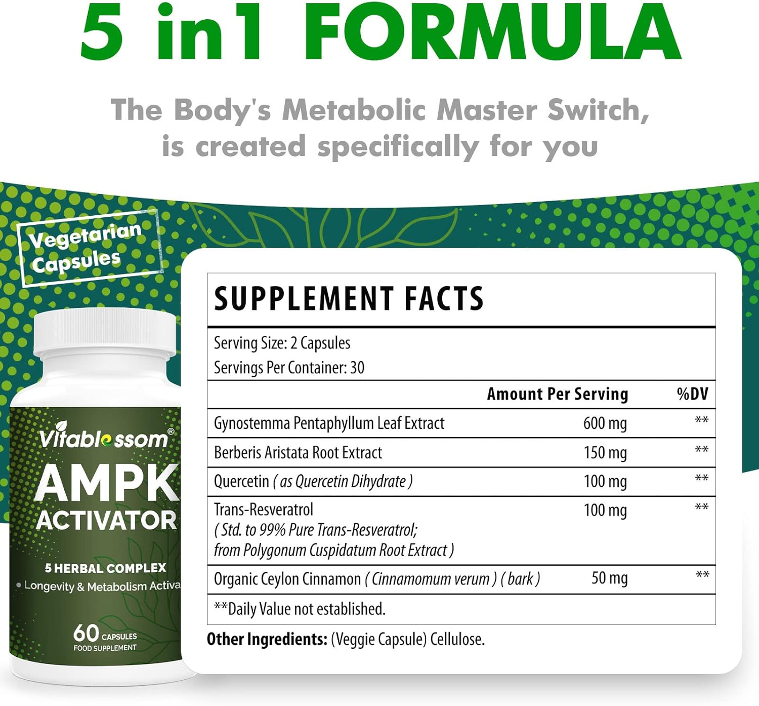 180 Count Vitablosom AMPK Activator Supplement - 5 in 1 Jiaogulan Gynostemma Metabolic Activator - Vegetarian Capsules, Pack of 3