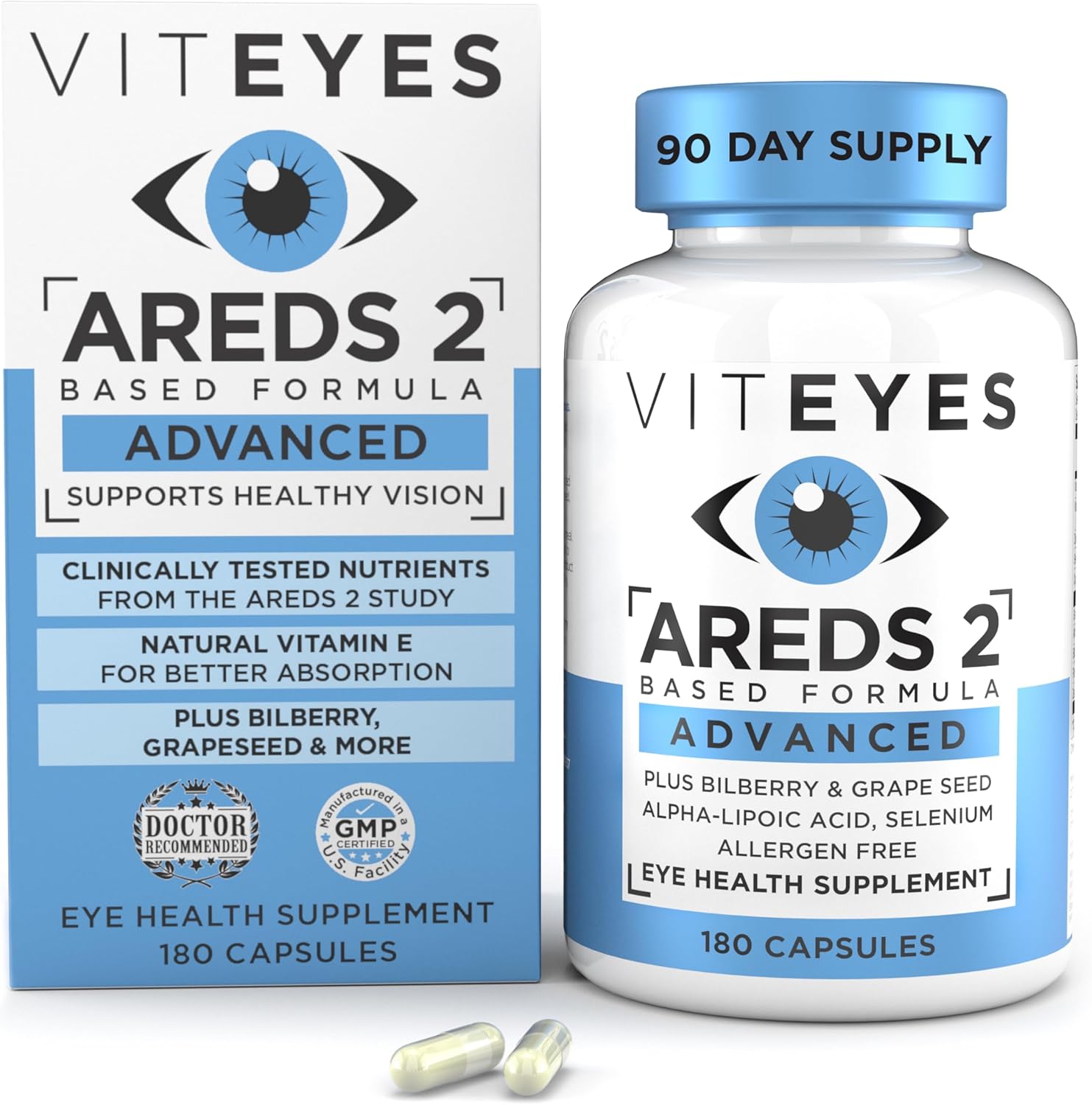 180 Count Viteyes AREDS 2 Advanced Eye Vitamins with Bilberry, Grapeseed, Lutein, Selenium, Vitamin E - Vision Protection, Allergen Free - Trusted by Eye Doctors