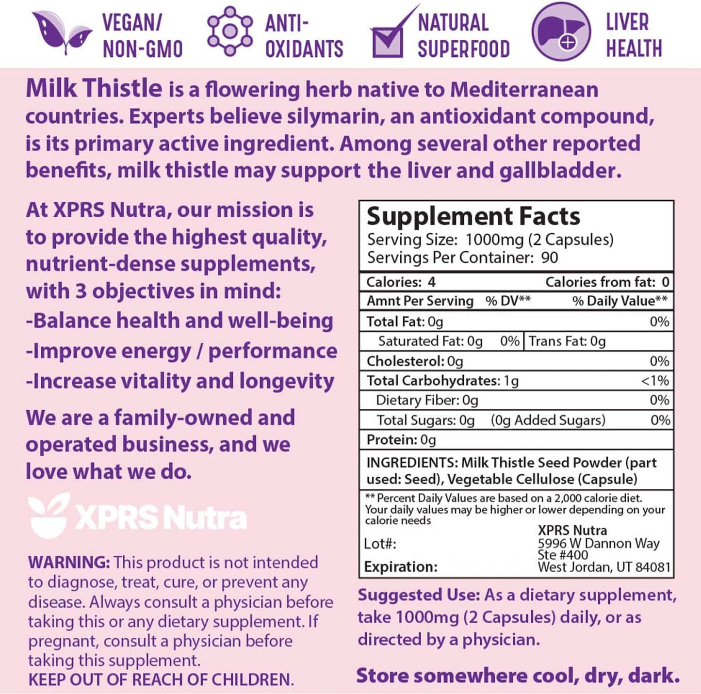 180 Count XPRS Nutra Milk Thistle Seed Capsules - Premium Liver Support Supplement with Silymarin for Digestion - Non-GMO Milk Thistle Pills