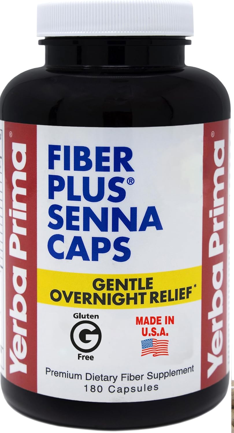 180 Count Yerba Prima Fiber Plus Senna Capsules for Gentle Overnight Relief - Non-GMO, Gluten-Free, Made in USA