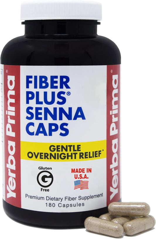 180 Count Yerba Prima Fiber Plus Senna Capsules for Gentle Overnight Relief and Regularity - Non-GMO, USA Made, Ideal for Short-Term Use
