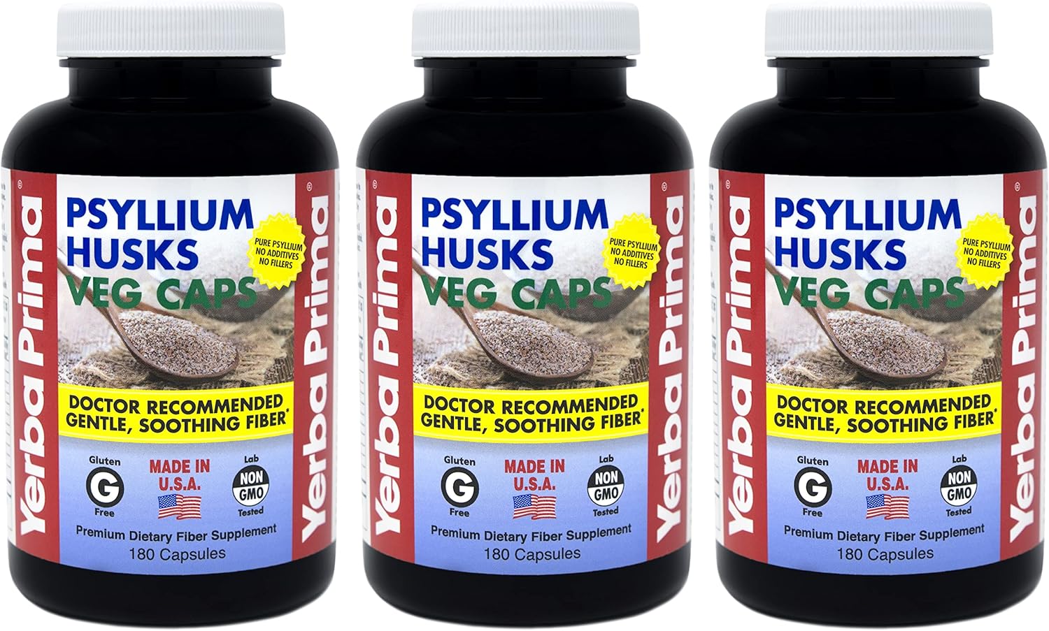 180 Count Yerba Prima Psyllium Husk Veg Capsules - Pack of 3 - Vegan, Non-GMO, Gluten Free Fiber Supplement for Gut Health