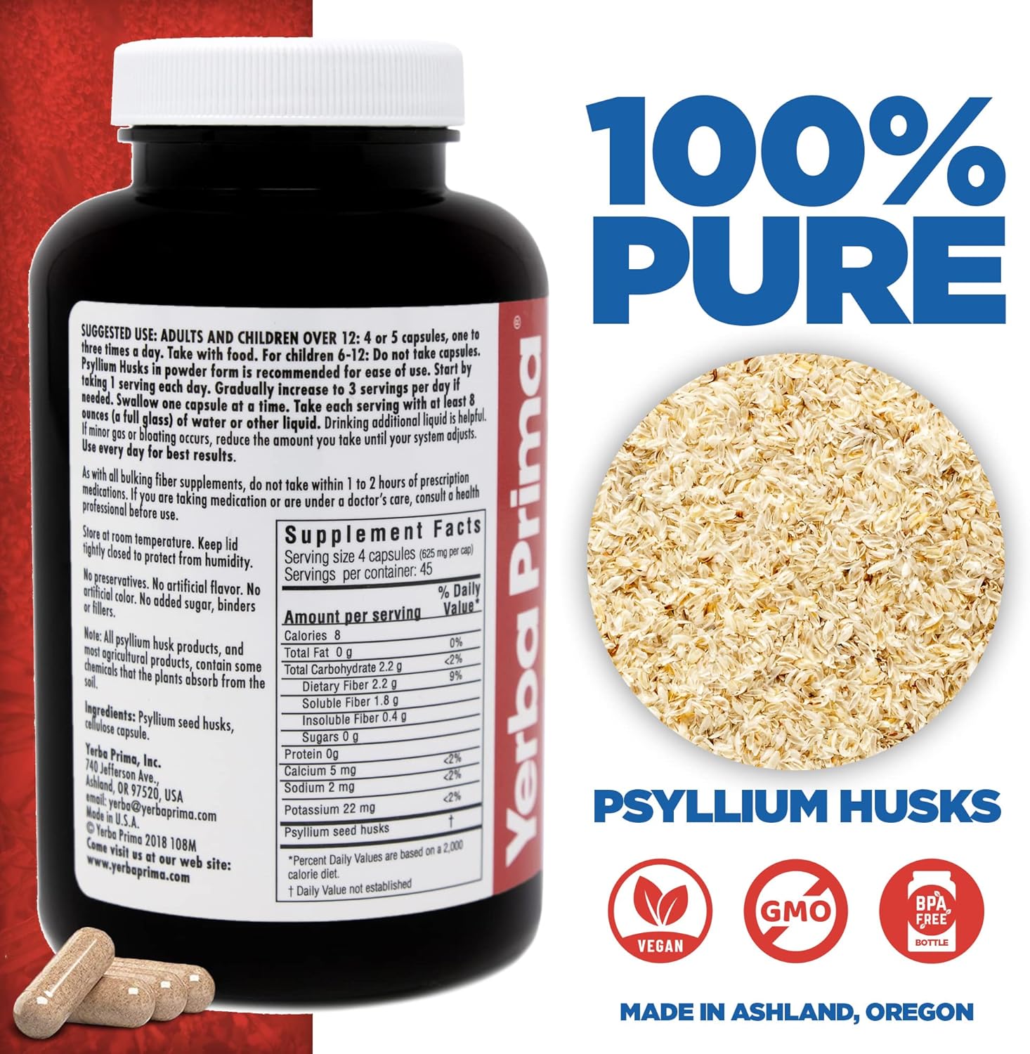 180 Count Yerba Prima Psyllium Husk Veg Capsules - Pack of 3 - Vegan, Non-GMO, Gluten Free Fiber Supplement for Gut Health