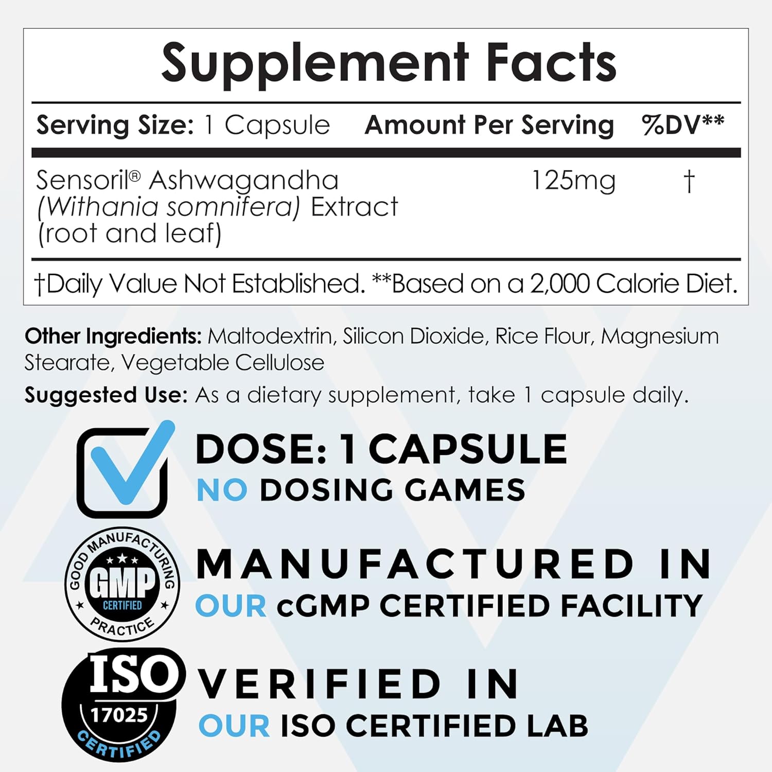 180 Ct. Sensoril Ashwagandha Capsules | 125mg | Withania somnifera Extract | Energy & Cognition Support Supplement