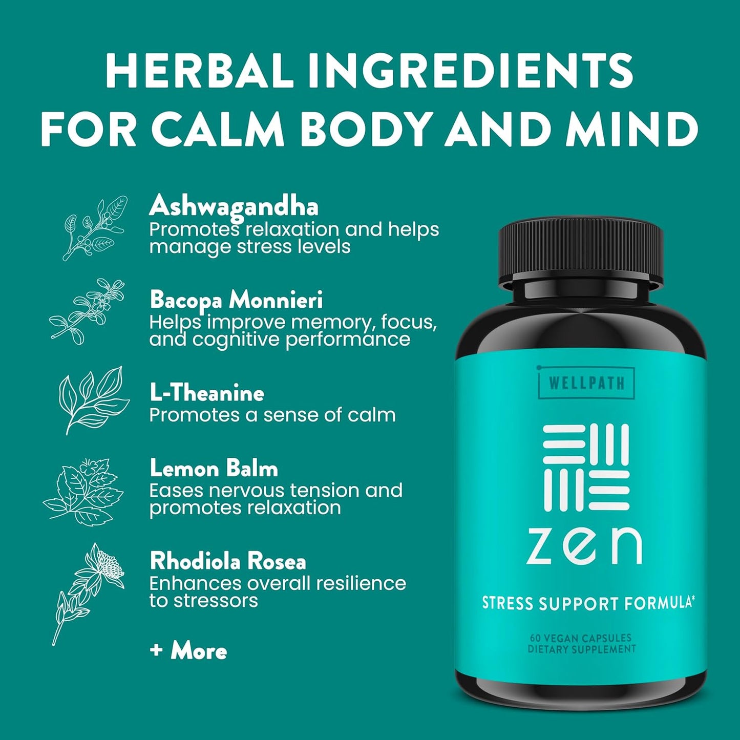 180 ct WellPath Zen Stress Relief Supplement | Mood Support & Energy Aid | Ashwagandha, Rhodiola, L-Theanine, Lemon Balm Capsules