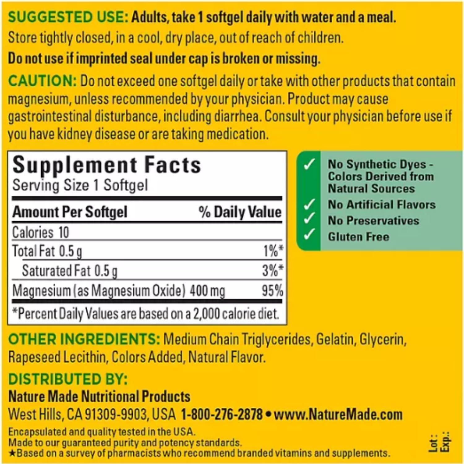 180-Day Supply of Nature Made Magnesium 400 mg Oxide Softgels + Supplement Guide