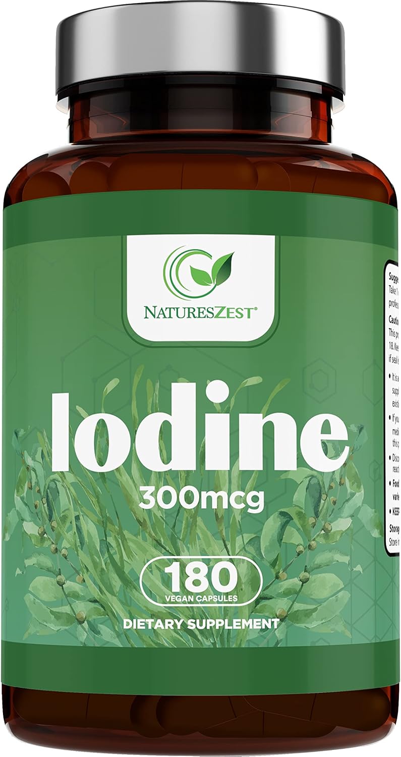 180-Day Supply of Natures Zest Iodine Supplement Capsules - 300mcg Pure Iodine for Thyroid Support - Vegan Formula with Potassium Iodide - Promotes Normal Thyroid Function