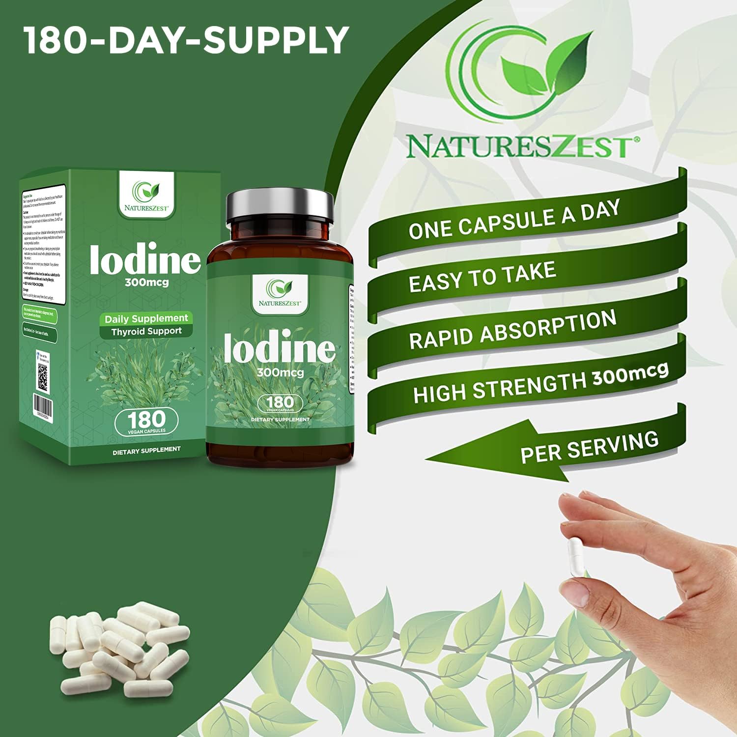180-Day Supply of Natures Zest Iodine Supplement Capsules - 300mcg Pure Iodine for Thyroid Support - Vegan Formula with Potassium Iodide - Promotes Normal Thyroid Function