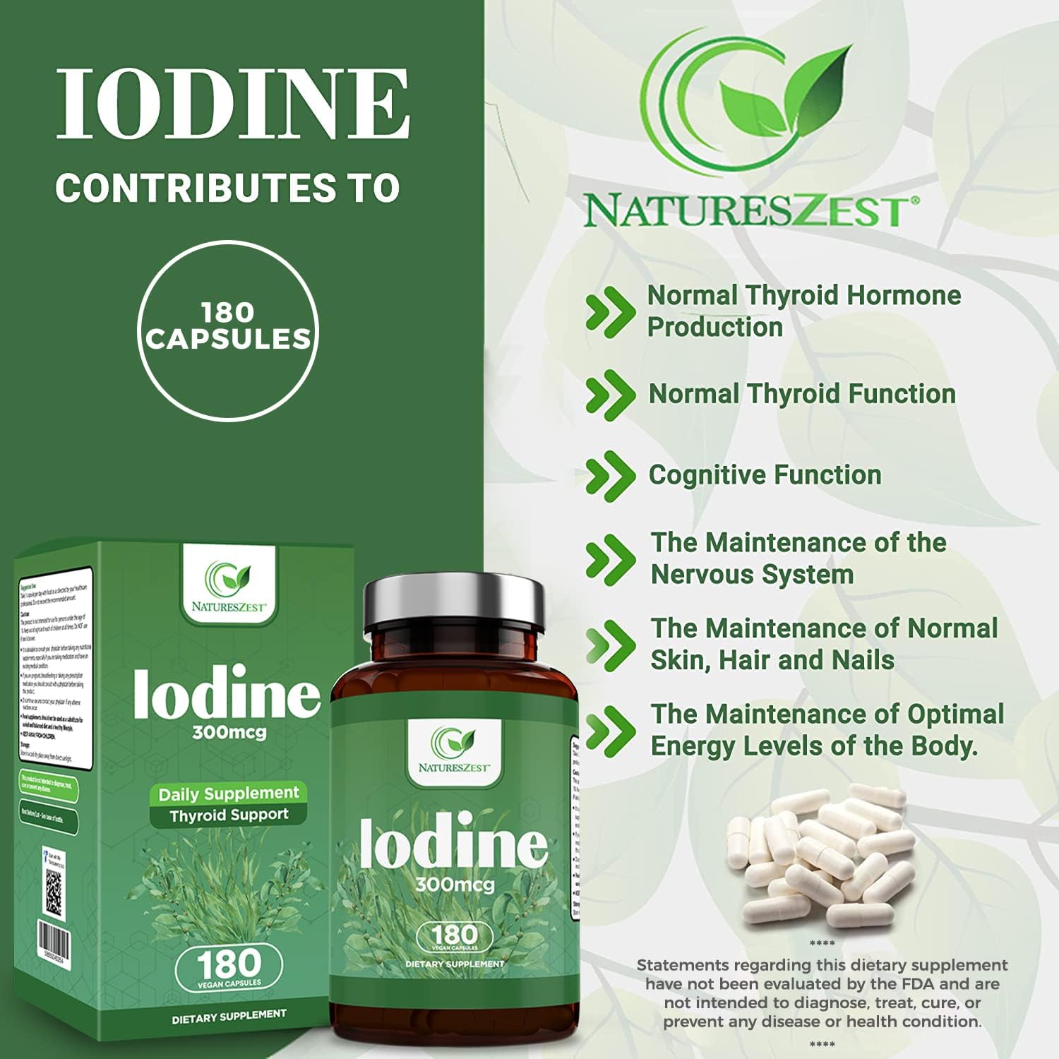180-Day Supply of Natures Zest Iodine Supplement Capsules - 300mcg Pure Iodine for Thyroid Support - Vegan Formula with Potassium Iodide - Promotes Normal Thyroid Function