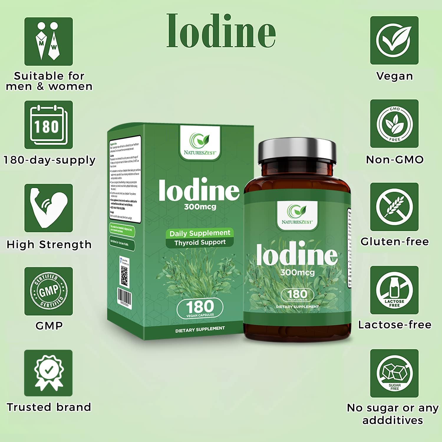 180-Day Supply of Natures Zest Iodine Supplement Capsules - 300mcg Pure Iodine for Thyroid Support - Vegan Formula with Potassium Iodide - Promotes Normal Thyroid Function