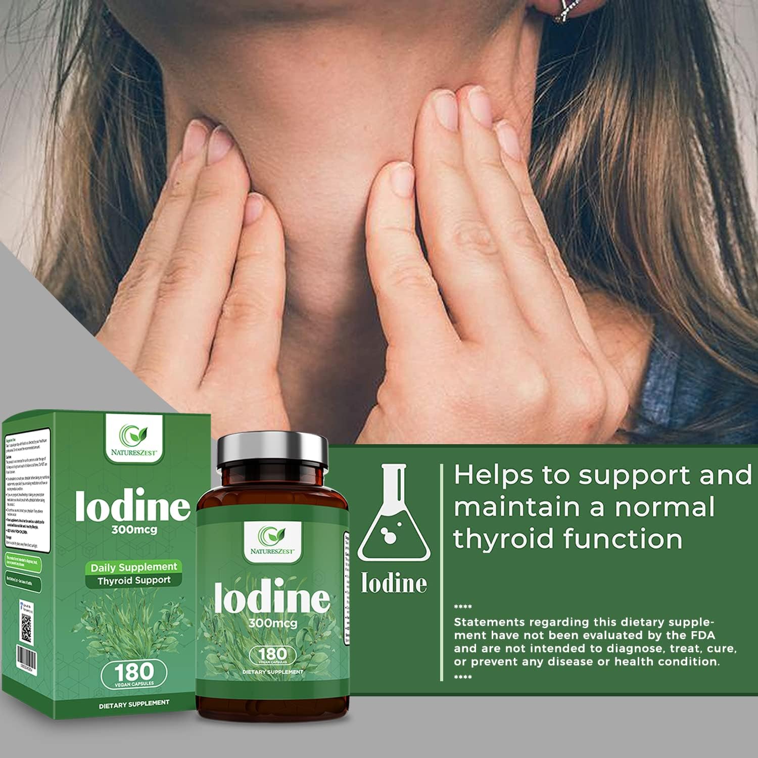 180-Day Supply of Natures Zest Iodine Supplement Capsules - 300mcg Pure Iodine for Thyroid Support - Vegan Formula with Potassium Iodide - Promotes Normal Thyroid Function