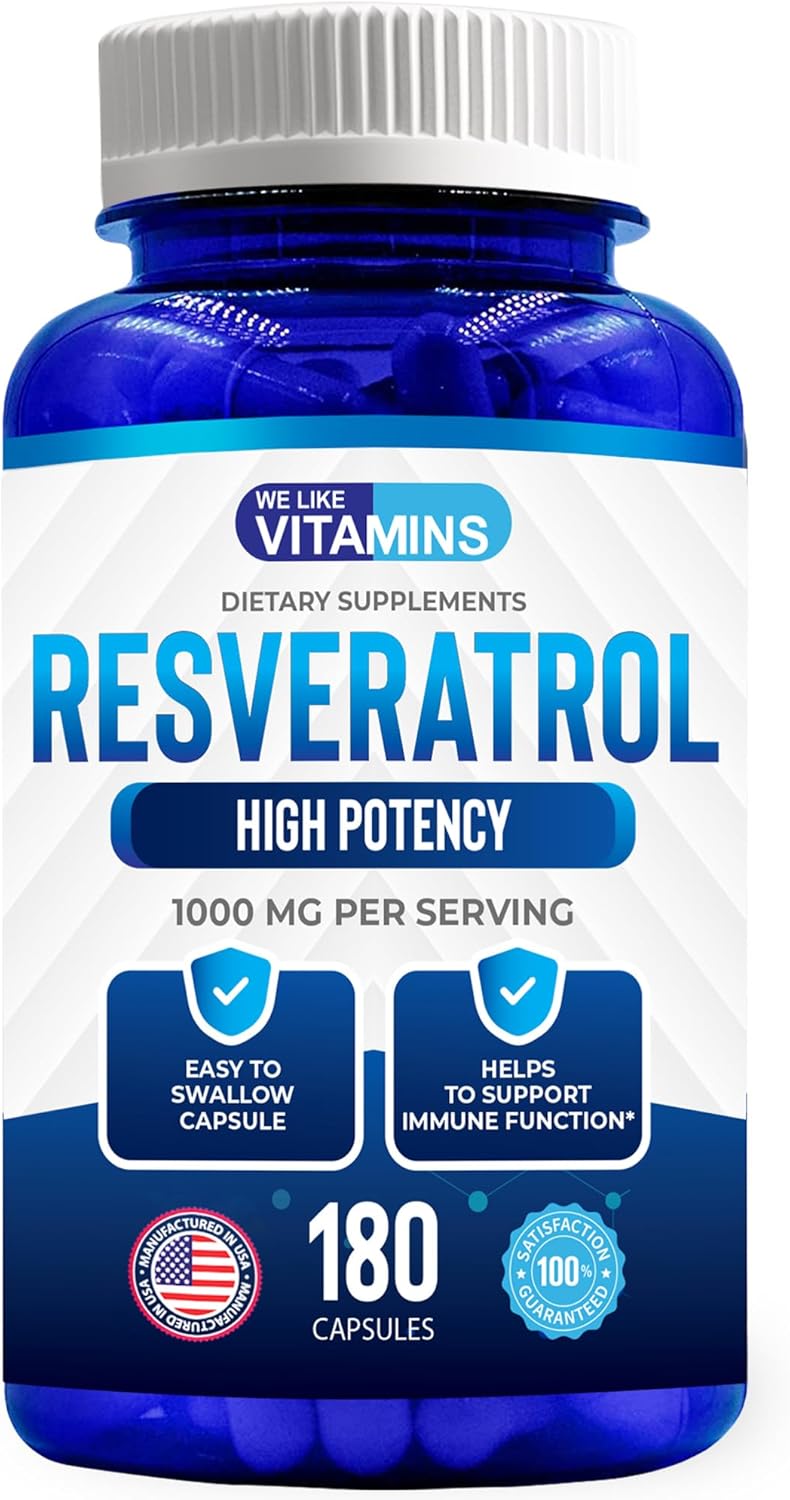 180 Easy to Swallow Veggie Capsules of We Like Vitamins Resveratrol 1000mg - Natural Antioxidant Supplement for Anti-Aging and Immune Support