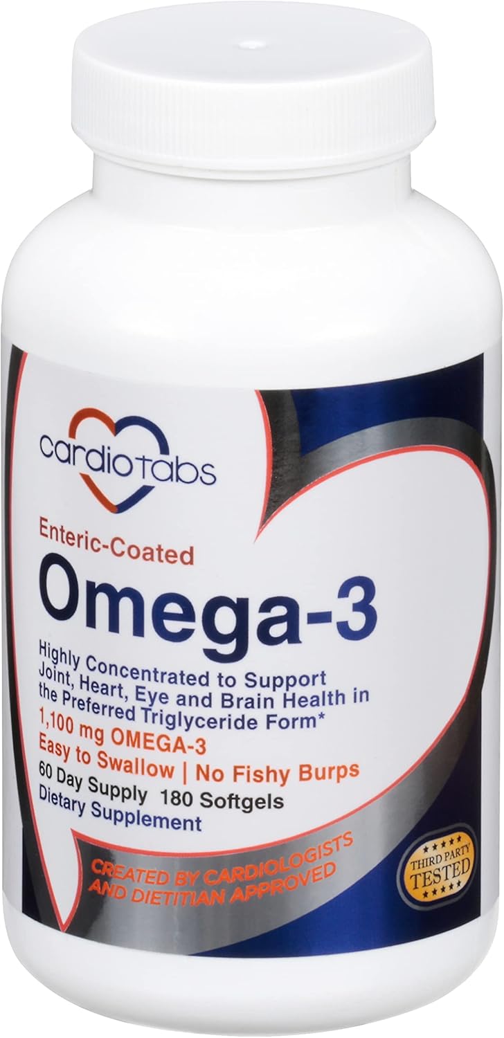 180 Enteric-Coated Omega-3 Fish Oil Supplements, Triglyceride Form, 1100mg Total Omega-3 Fatty Acids, Non-Dairy & Gluten-Free