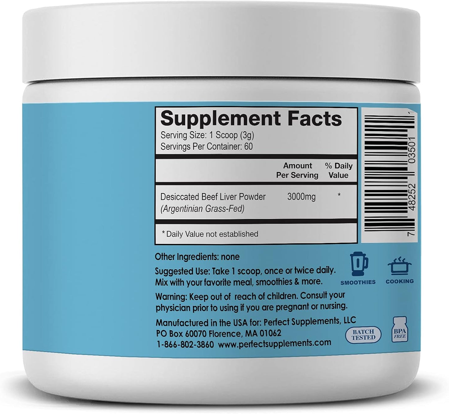 180 Grams Perfect Desiccated Liver Powder - Undefatted Beef Liver - Natural Protein, Iron, Vitamins A & B - Dietary Supplement