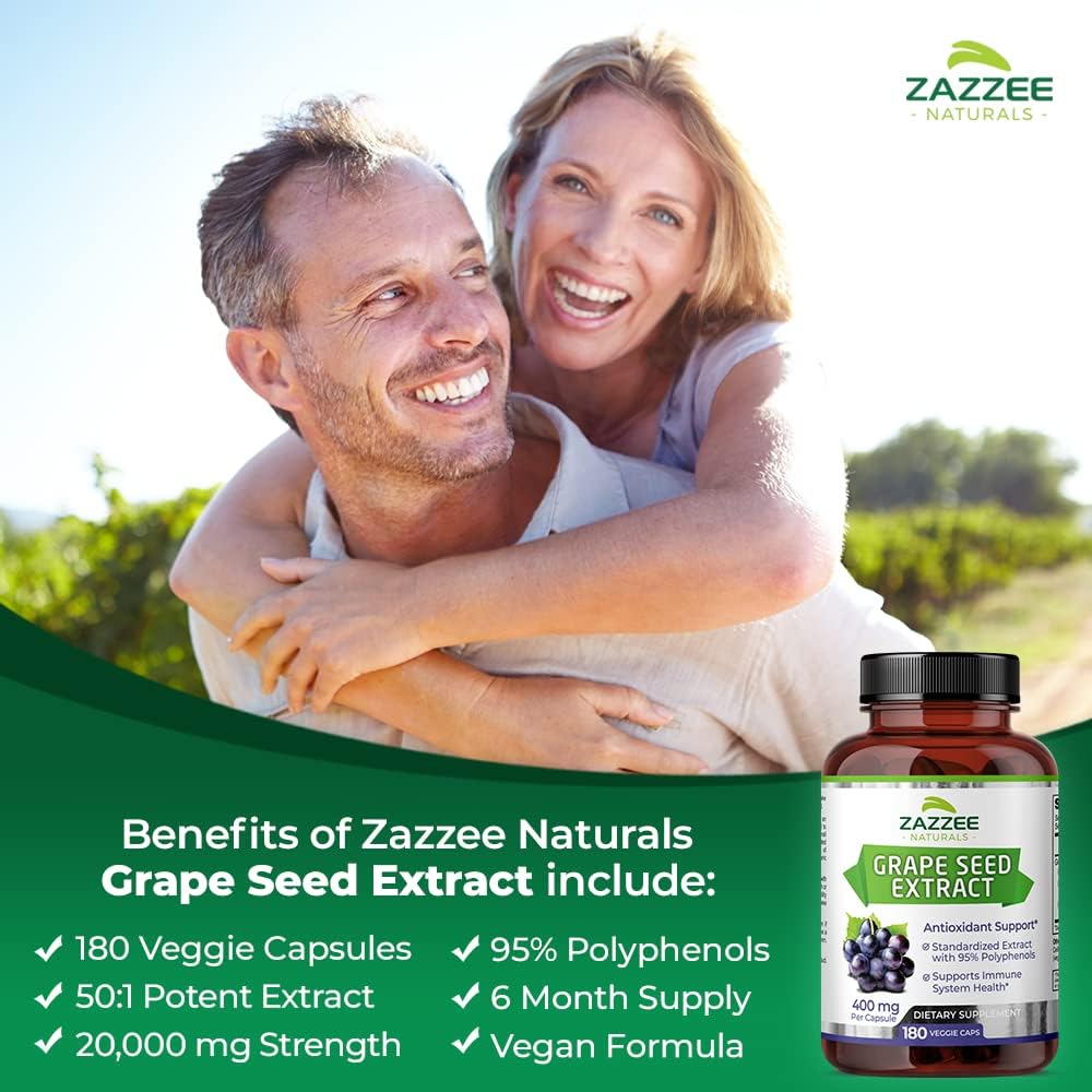 180 High Strength Vegan Grape Seed Extract Capsules - 95% Polyphenols, 400mg - 6 Month Supply - Non-GMO - Made in USA