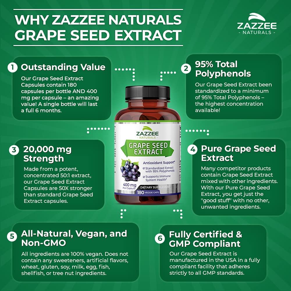 180 High Strength Vegan Grape Seed Extract Capsules - 95% Polyphenols, 400mg - 6 Month Supply - Non-GMO - Made in USA
