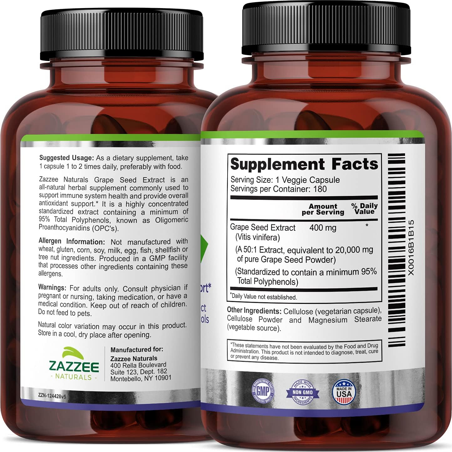 180 High Strength Vegan Grape Seed Extract Capsules - 95% Polyphenols, 400mg - 6 Month Supply - Non-GMO - Made in USA