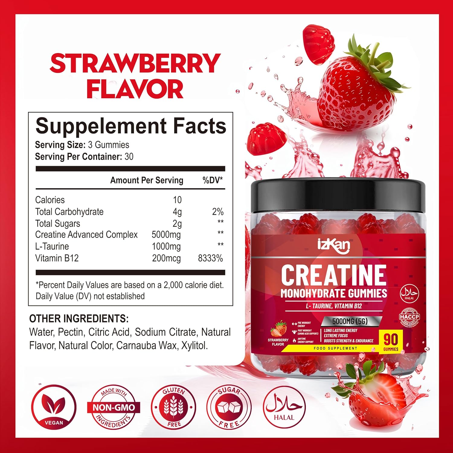 180 Izkan Creatine Monohydrate Gummy 5000mg - Pre Workout Taurine & B12 Gummies, Strawberry Flavoured, Halal/Vegan, 2 Months Supply