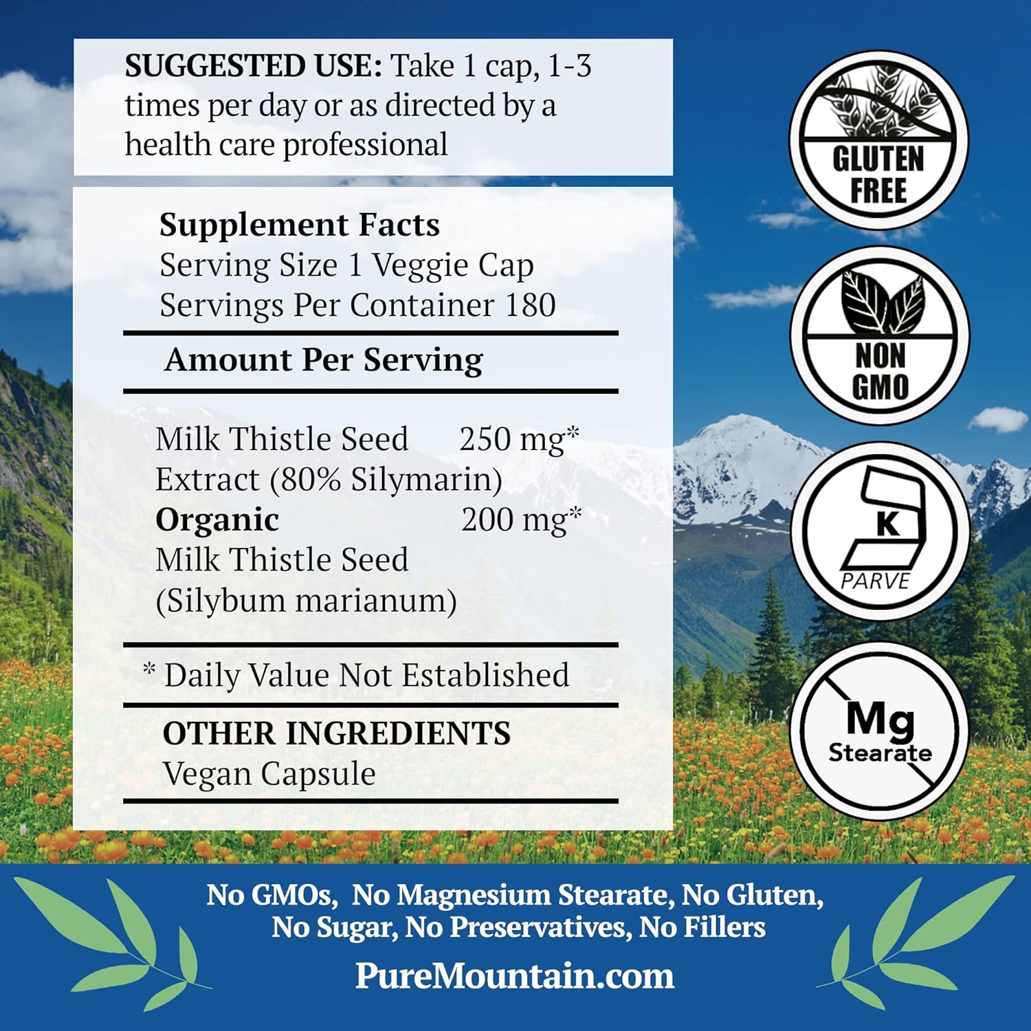 180 Kosher Vegan Capsules of Pure Mountain Botanicals High Potency Milk Thistle with 450mg Organic Seed & Extract