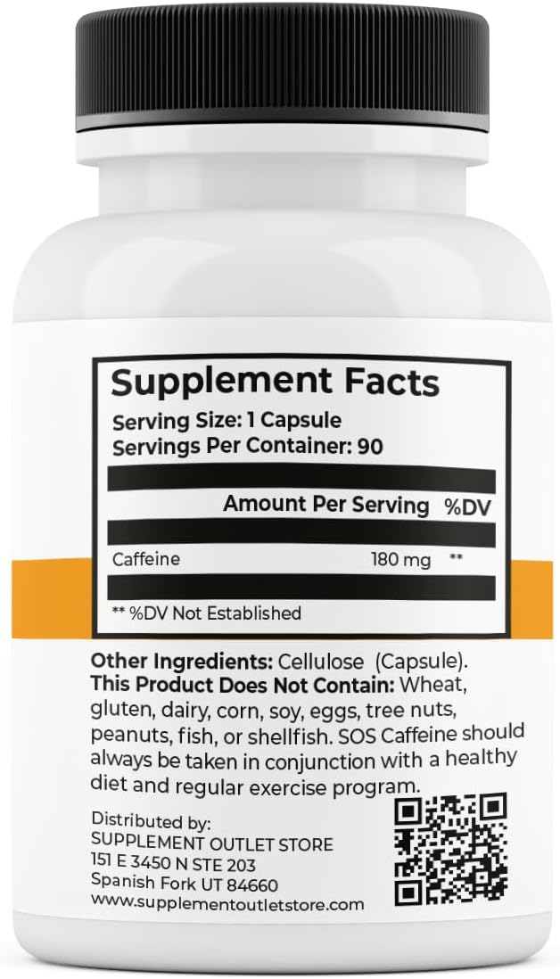 180 mg x 90 Capsules Caffeine Pills for Enhanced Energy and Focus - All Natural Supplement Store