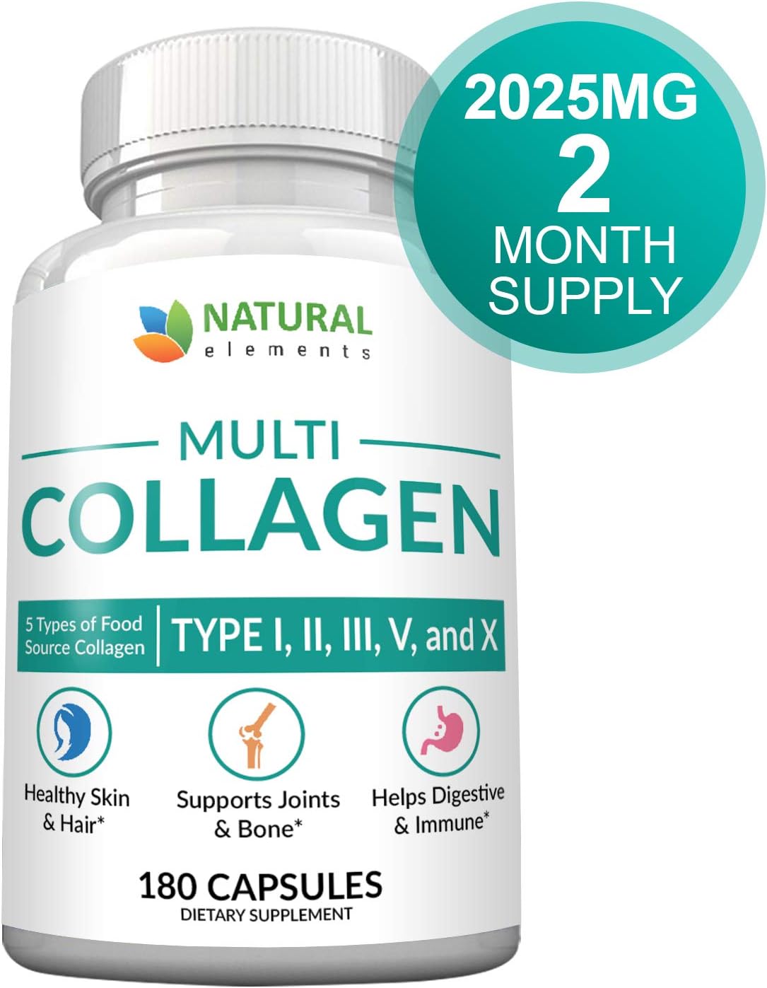 180 Natural Elements Multi Collagen Protein Capsules - Type I, II, III, V, X - Eggshell, Chicken, Wild Fish & Beef - 2025mg/serv