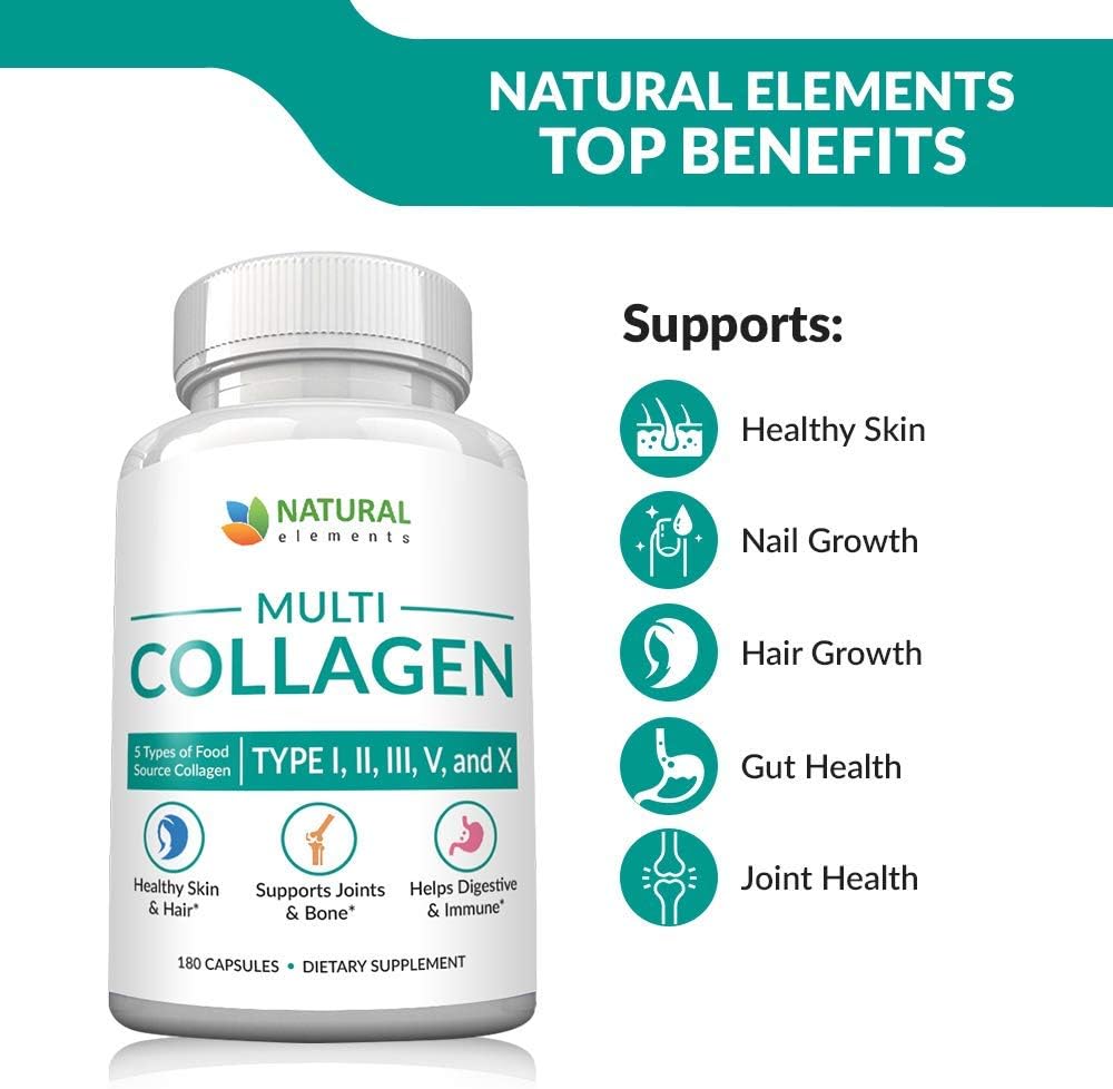 180 Natural Elements Multi Collagen Protein Capsules - Type I, II, III, V, X - Eggshell, Chicken, Wild Fish & Beef - 2025mg/serv